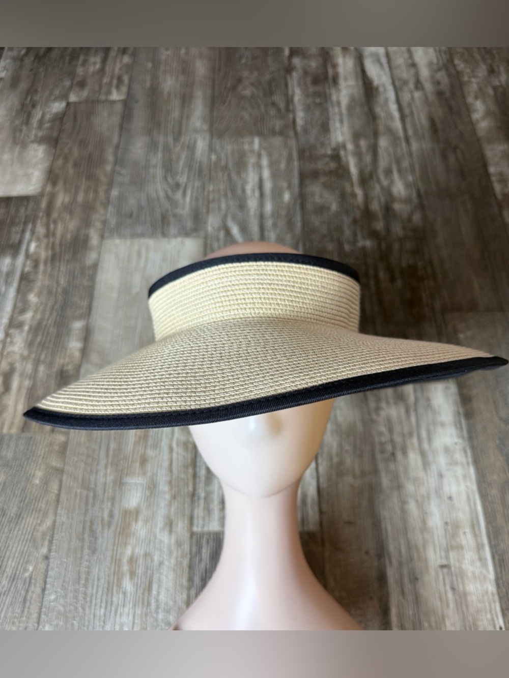 Camptrace Women’s Wide-Brim Straw Visor Hat in Natural with Black Trim